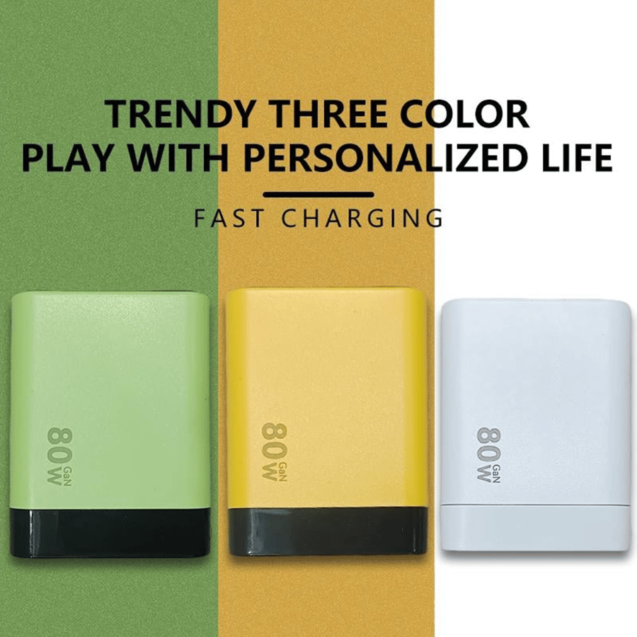 Chargeur GaN 3 en 1, module de charge rapide évolutif 80 W MAX avec câble Type-C et 2 ports USB
