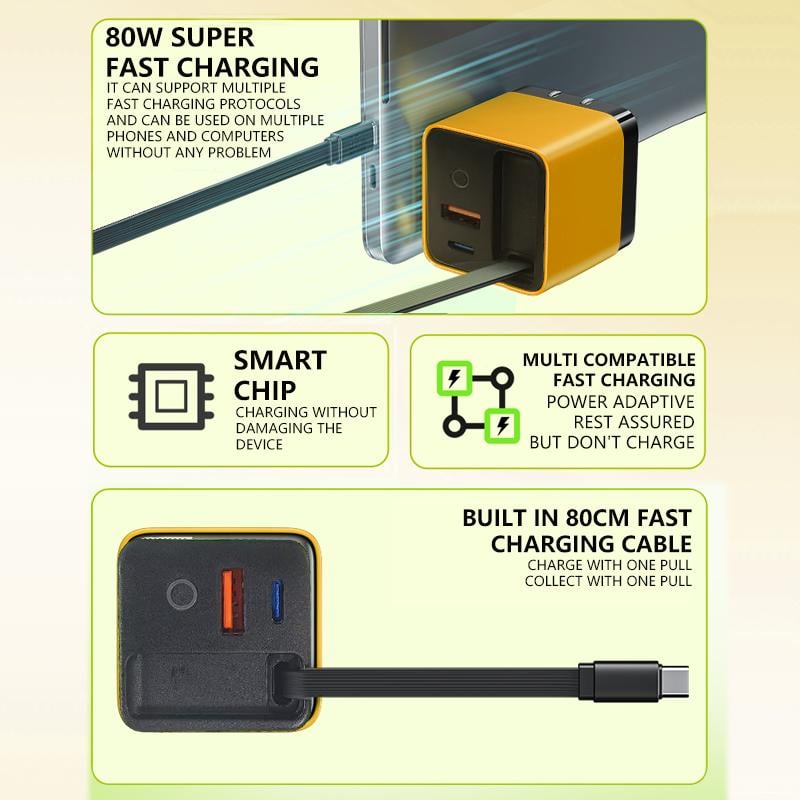 Chargeur GaN 3 en 1, module de charge rapide évolutif 80 W MAX avec câble Type-C et 2 ports USB